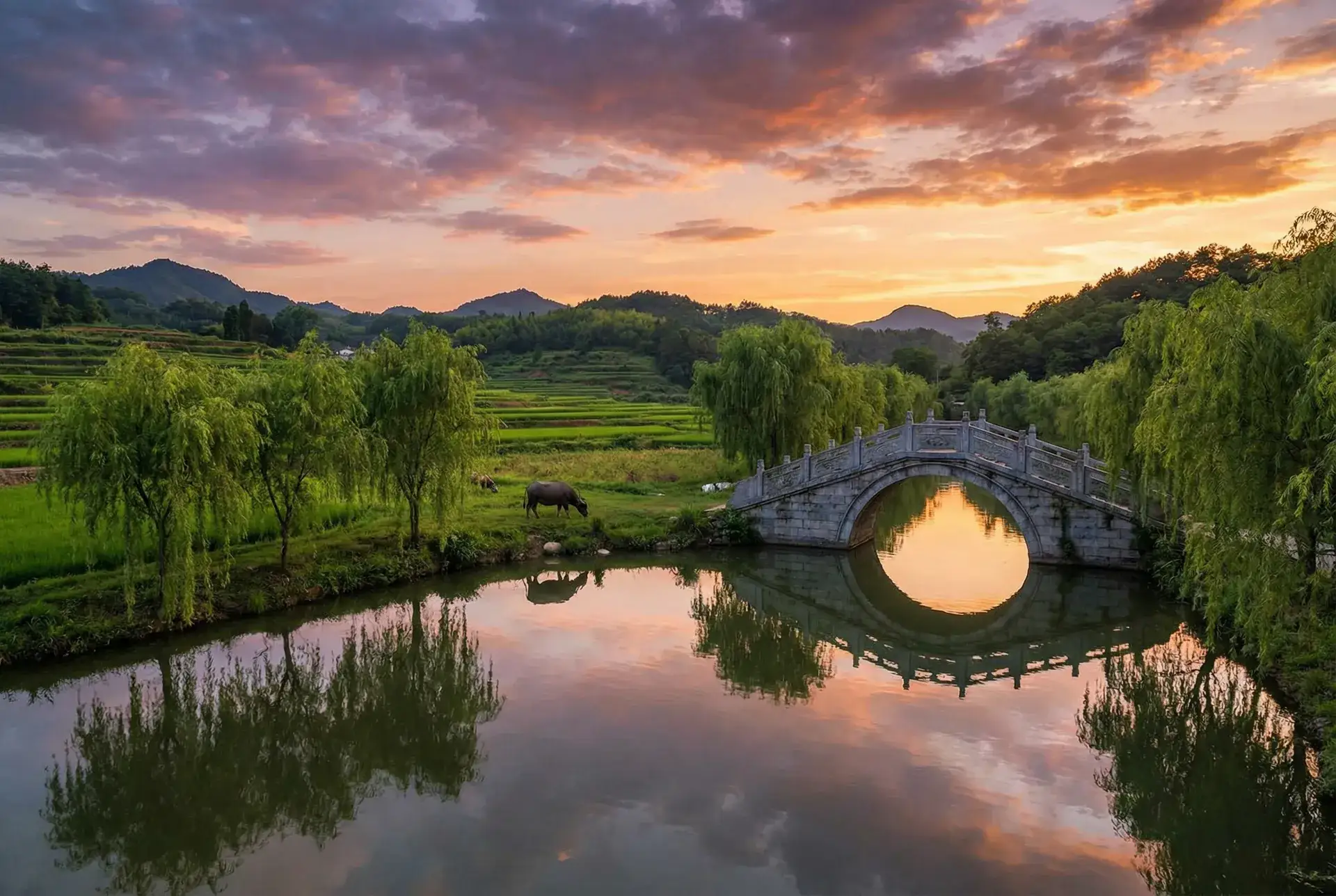夕阳下的石拱桥与垂柳，水牛在河边吃草 - 怒火街头国语下载 乡村美景